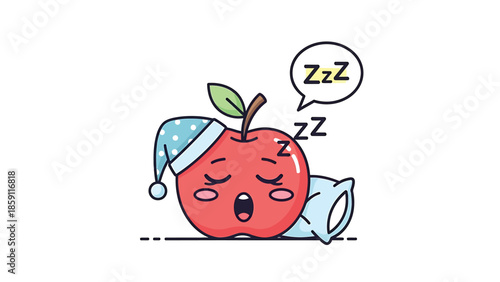 Cute cartoon apple sleeping soundly with a nightcap and pillow dreaming.