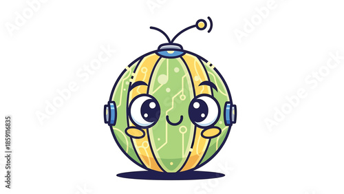 Cute cartoon watermelon robot character with antenna and headphones smiling happily.