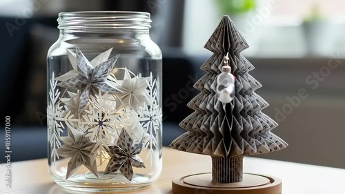 Festive Christmas Decorations Jar and Tree with Bird Ornament.