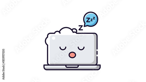 Cute cartoon laptop computer sleeping with closed eyes and Zzz bubbles.