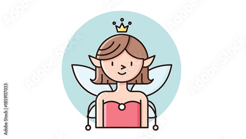Charming fairy illustration with crown and wings, smiling happily, cartoon style.