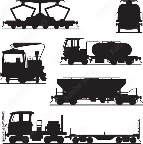 Collection of industrial railway vehicles and freight cars isolated illustration