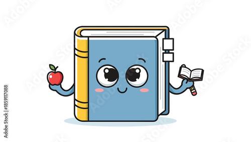 Cute cartoon book character holding apple and small book, smiling happily.