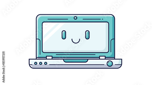 Cute cartoon laptop computer with a smiling face on the screen, ready to work.