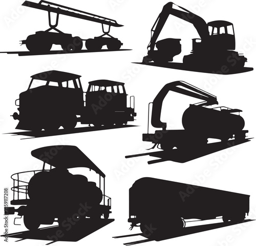 Collection of heavy industrial machinery and train silhouettes isolated