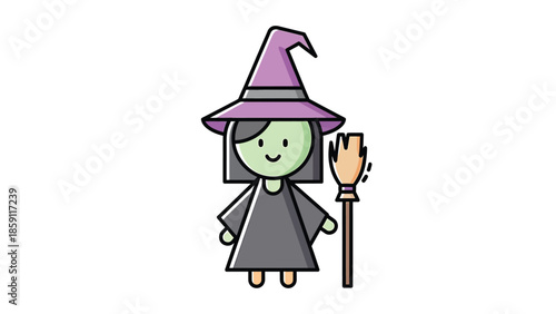 Cute cartoon witch character holding a broomstick, ready for Halloween festivities.