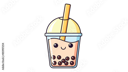 Cute cartoon bubble tea drink with smiling face and straw.