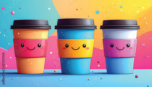 Three Colorful Coffee Cups with Smiling Faces in a Row.