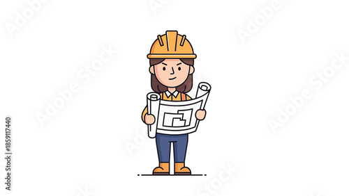 Female construction worker carefully reviewing architectural blueprints with focused expression.