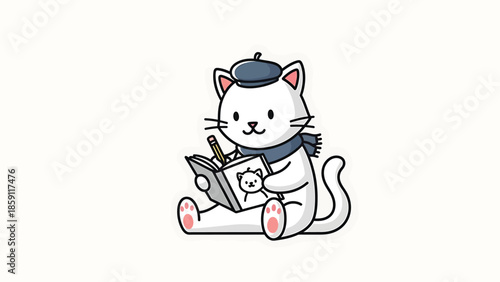 Charming white cat artist reading a book with a beret and scarf.