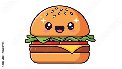 Cute cartoon burger with smiling face and sparkling eyes, delicious food.