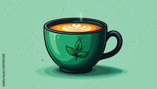 Aromatic Green Tea Latte with Leaf Design in a Ceramic Mug.