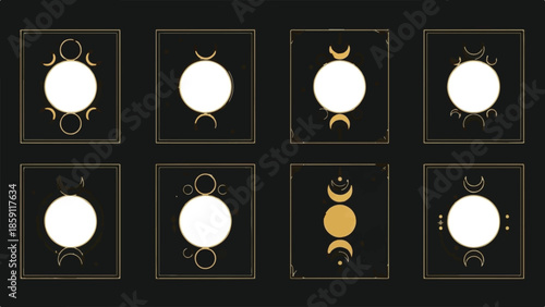 Set of Minimalist Gold and Black Mystical Celestial Design Frames Vector Collection
