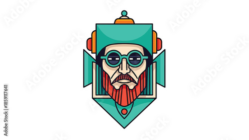 Geometric portrait of a bearded man with glasses and headphones, artistic design.