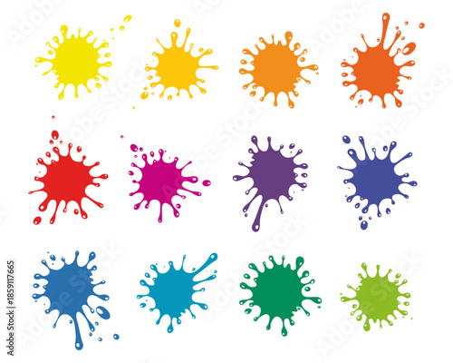 Colored paint splashes collection, isolated on white background. Splash splatter abstract shape.  Rainbow splash background. Set of colored blots on the white background. 12 colors set. Rainbow colors
