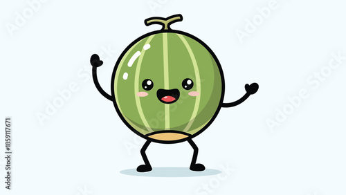 Cute cartoon melon character with arms and legs smiling happily in the image.