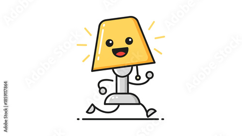 Cheerful cartoon lamp running with a happy expression and radiating light, full of energy.