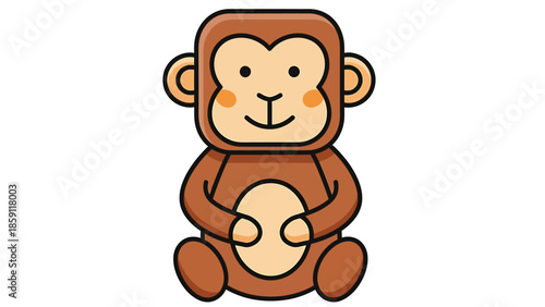 Cute cartoon monkey sitting with its hands on its belly, smiling happily.