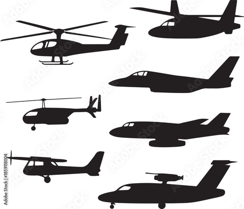 Collection of various aircraft and helicopter silhouettes isolated