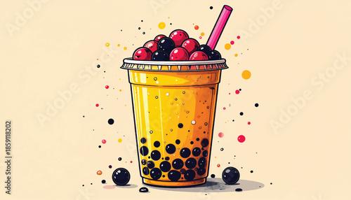 Colorful Bubble Tea Illustration with Tapioca Pearls and Fruit Toppings.