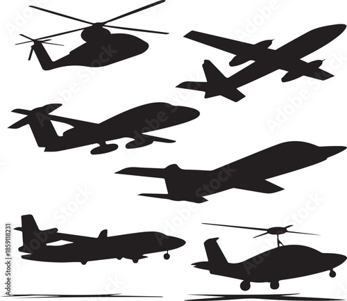 Collection of different aircraft and helicopter silhouettes isolated