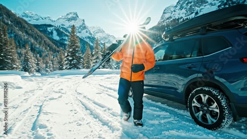 Man unloading skis from car roof box in snowy mountains. Sunny winter day depicts active lifestyle and travel. Perfect for winter sports and vacation concepts.