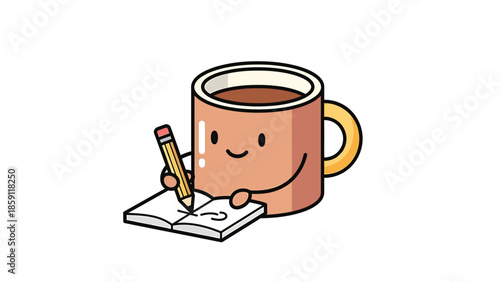 Cute coffee mug character writing in a small notebook with pencil.