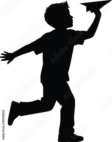 A boy launching a paper airplane while running black silhouette on transparent background