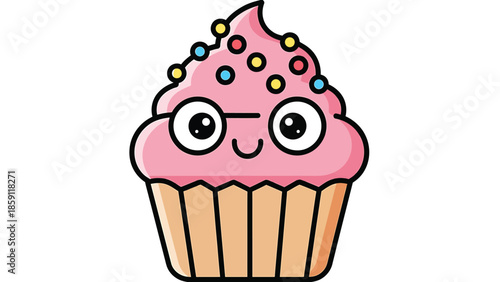 Cute cupcake character with glasses and colorful sprinkles, delicious dessert.