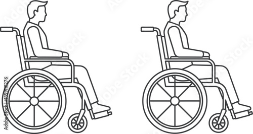 Two wheelchair users in profile simple line art on transparent background silhouette