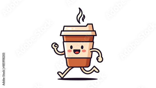 Cute cartoon coffee cup character running with steam, happy and energetic.