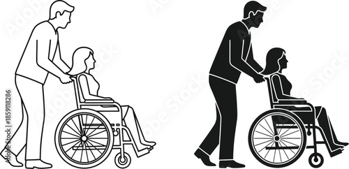 A caring man assisting a woman in a wheelchair black silhouette on transparent background