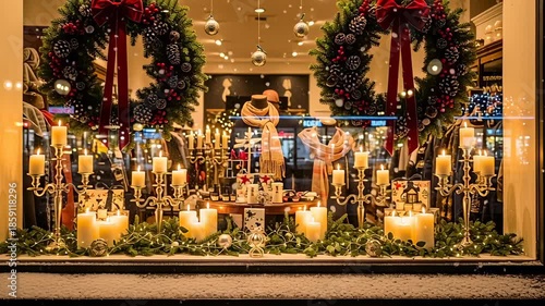 Festive Christmas Window Display with Candles and Wreaths.