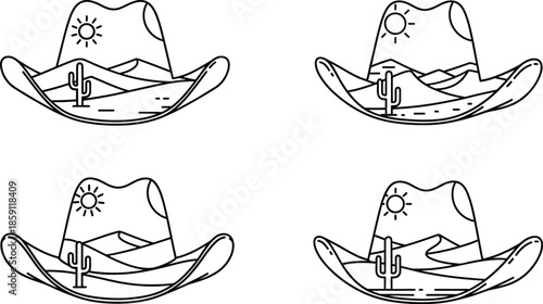 Four cowboy hats with desert scenes ideal for western designs on transparent background silhouette