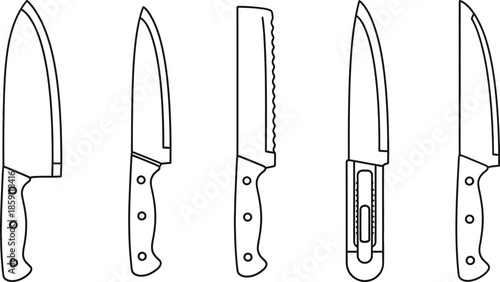Five kitchen knives in a row black outline on transparent background silhouette