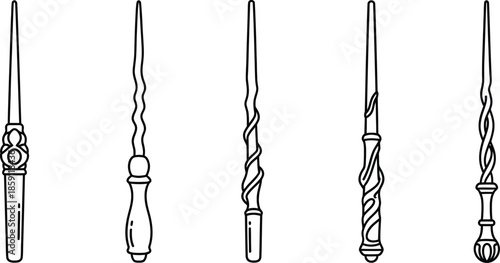Five intricately designed magic wands a captivating silhouette on transparent background