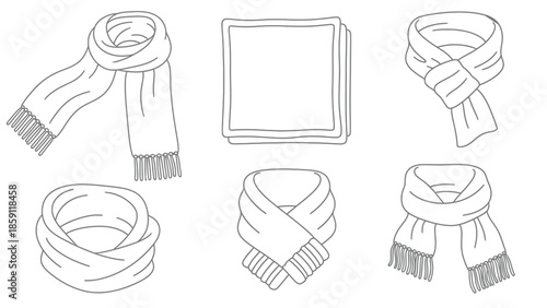 Line art illustrations of scarves in various styles on transparent background silhouette