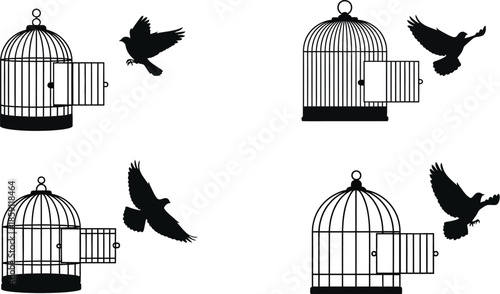 Four birdcages with flying birds a beautiful design on transparent background silhouette
