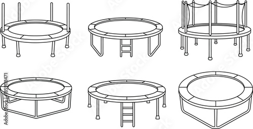 Line art illustrations of trampolines in various views on transparent background silhouette