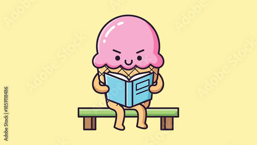 Cute ice cream cone character reading a book with focused expression on face.