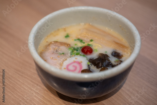 Ramen, a Japanese noodle dish with chashu, a tender braised pork belly as its topping.