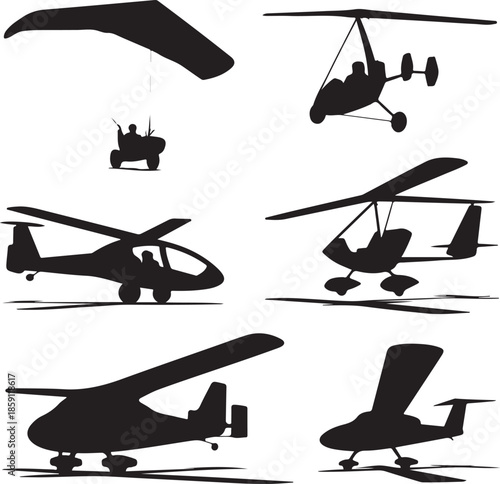 Collection of different ultralight aircraft and hang gliders silhouettes