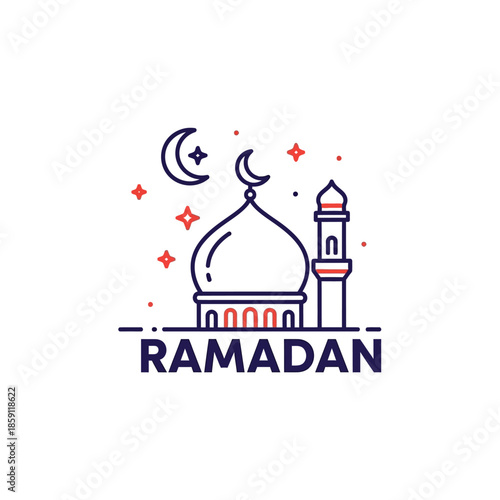 Ramadan Icon: Mosque Dome, Minaret, Crescent Moon, Stars, Islamic Holiday