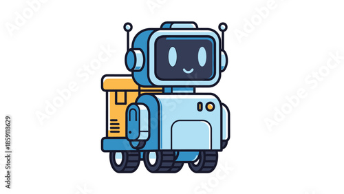 Cute robot carrying a package, futuristic delivery concept, cartoon style illustration.