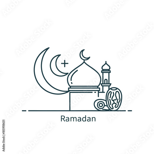 Ramadan icon: mosque, crescent moon, dates, minaret, symbol, fasting holiday celebration