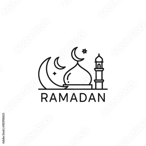 Ramadan Icon: Mosque Dome, Crescent Moon, Star, Minaret, and Arabic Text