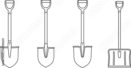 Four different types of shovels displayed side by side silhouette on transparent background