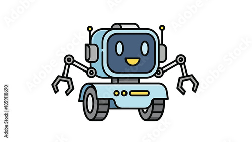 Cute robot character with a smiling face and mechanical arms, ready for action.
