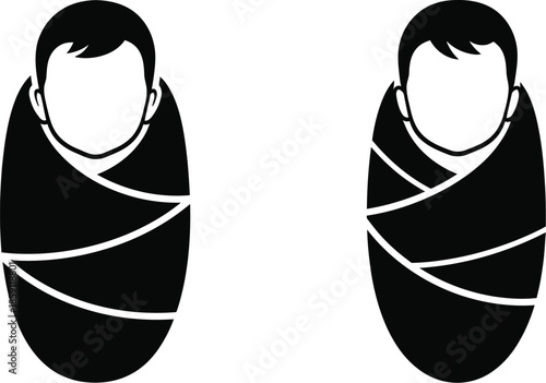 Two babies wrapped in blankets minimalist design on transparent background silhouette