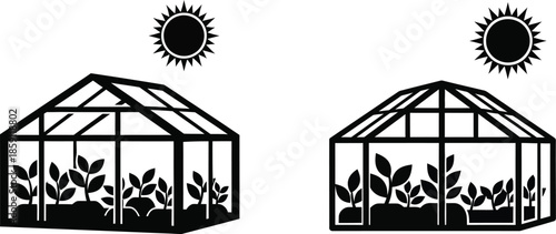 Greenhouse with plants and sun icons a modern design on transparent background silhouette
